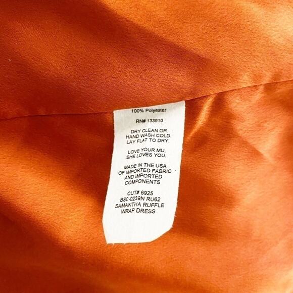 Show Me Your Mumu Burnt Orange Luxe Satin Samantha Ruffle Wrap Dress Size S - Picture 6 of 6